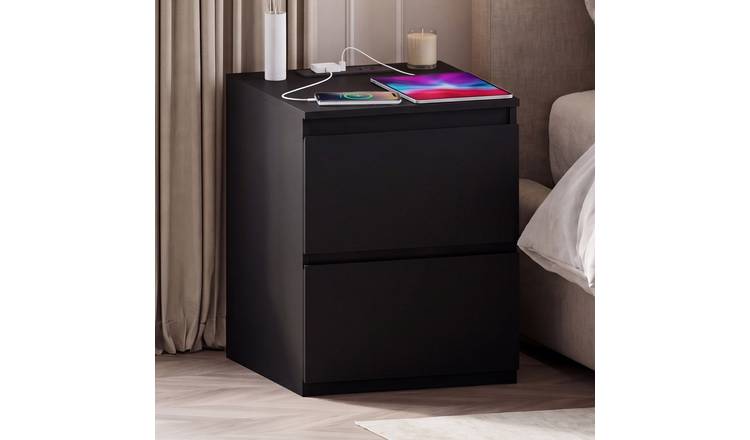 Vida Designs Denver 2 Drawer Large Bedside Chest with Power Outlet - Black