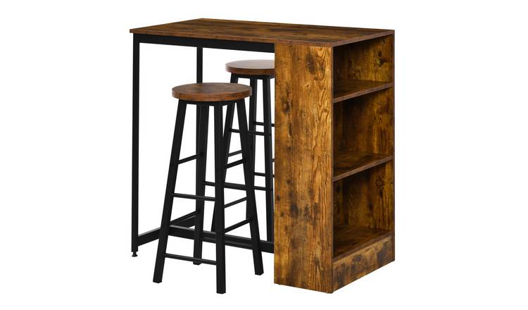 HOMCOM 3 Piece Industrial Bar Table Set Pub with Storage Shelf - Rustic Brown
