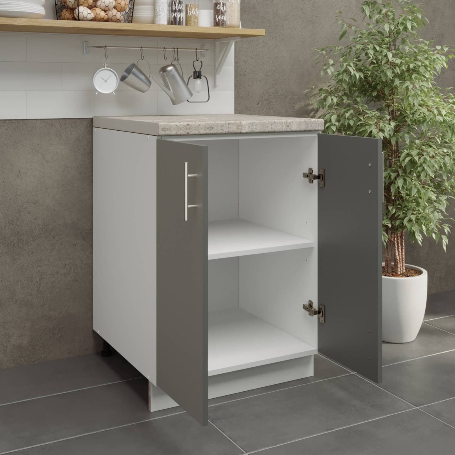 JD Greta 600mm Adjustable Leg Base Cabinet with 2 Doors & Worktop - Grey Matt - Image 2