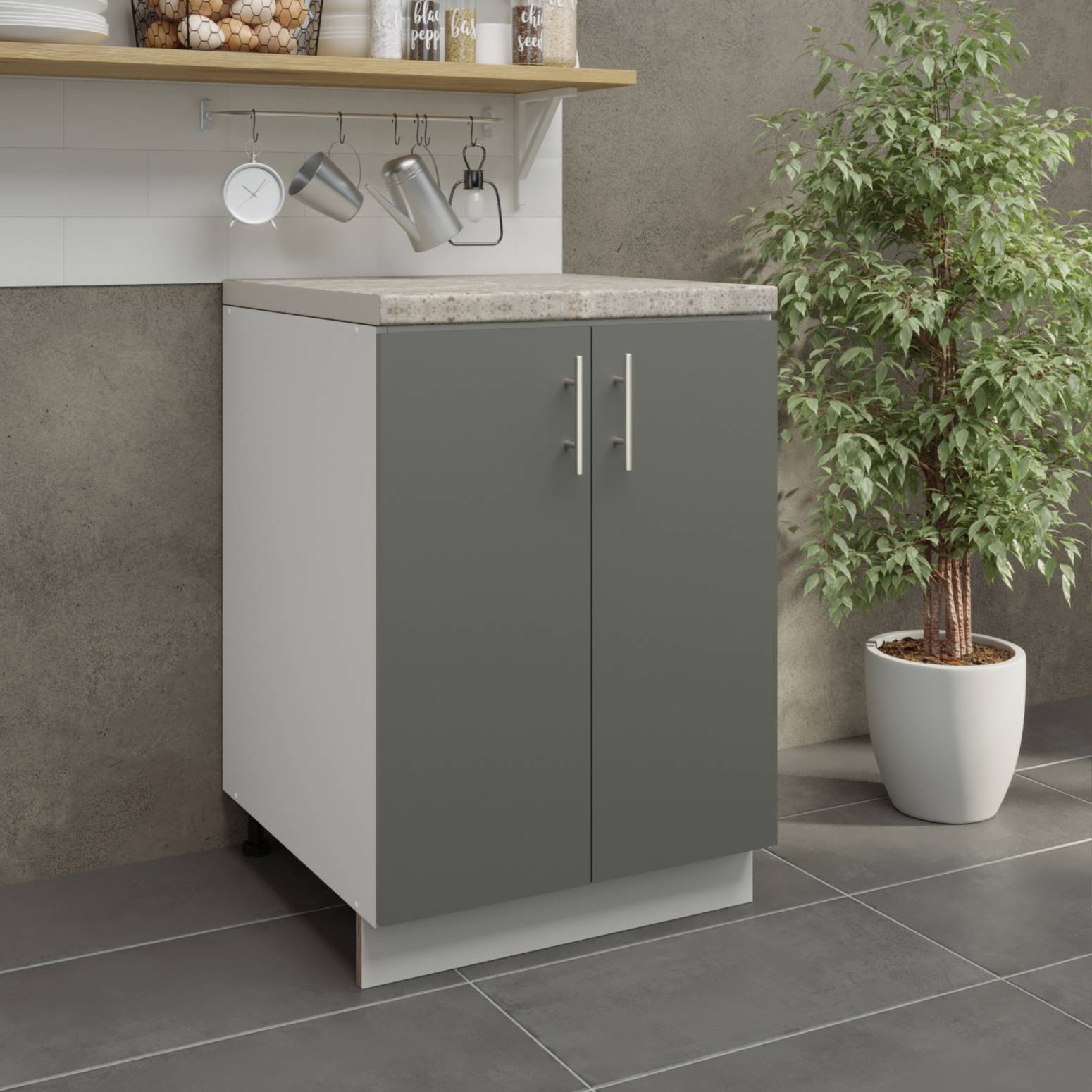 JD Greta 600mm Adjustable Leg Base Cabinet with 2 Doors & Worktop - Grey Matt - Image 3