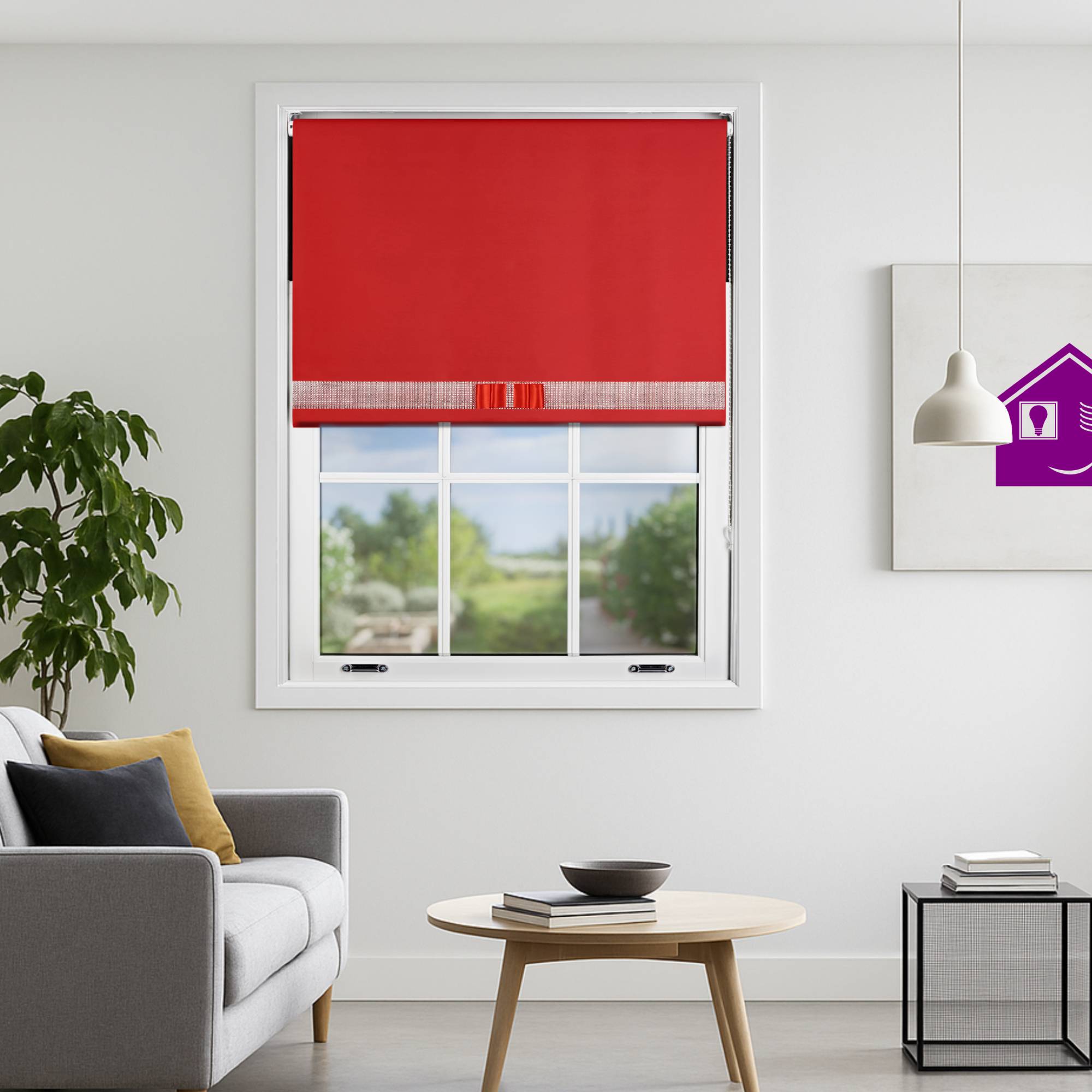 Furnished Red Blackout Roller Blind Diamante Strip and Bow - 60 x 165cm - Image 1