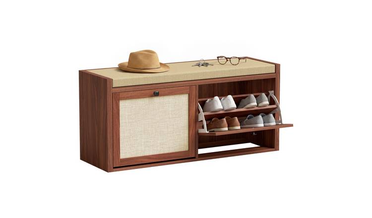 HOMCOM Shoe Bench with 2 Rattan Doors and Padded Cushion Seat - Brown