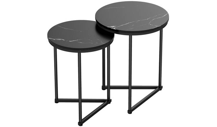 HOMCOM Set of 2 Round Nesting Tables with Metal Frame - Black Marble Effect