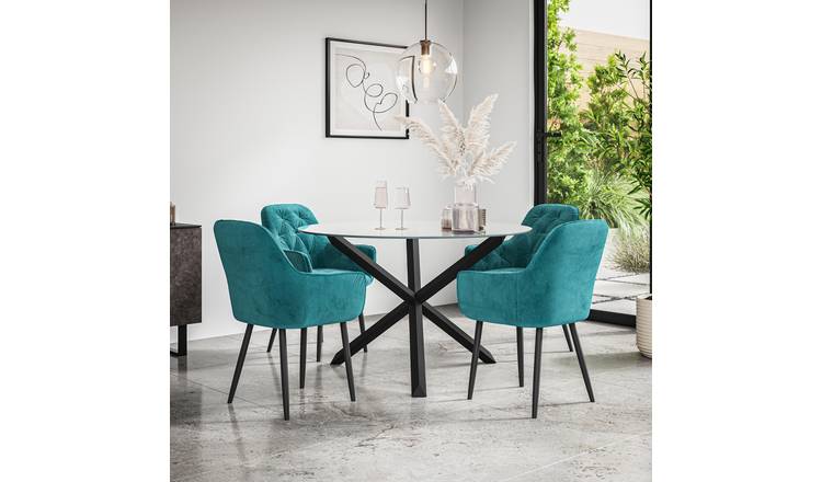 Furniture Online Malvern Anika Glass Top Dining Table & 4 Blue Chairs