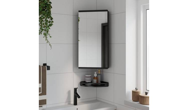 Walplus Engineered Wood Corner Bathroom Mirror Cabinet - Black - 30 x 24 x 60 cm
