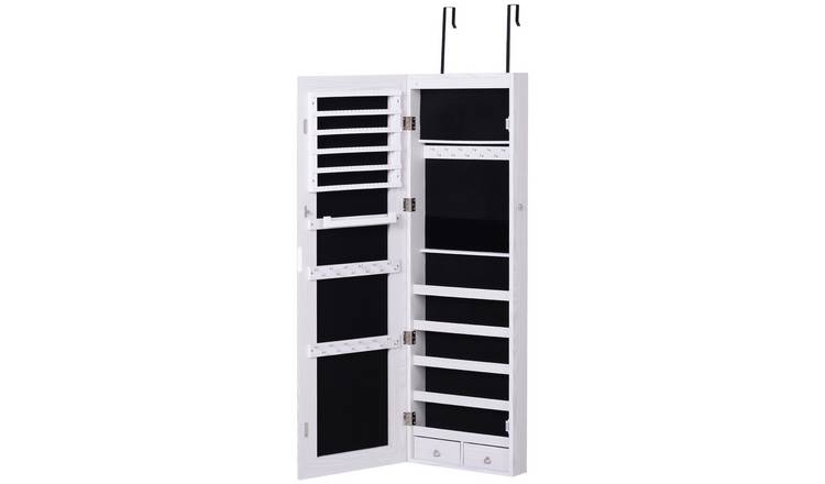 HOMCOM Lockable Jewelry Cabinet with Mirror and LED Lights - White
