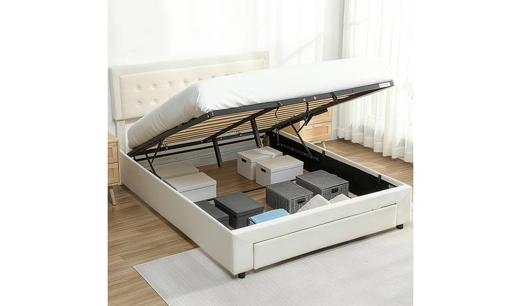 HOMCOM 5ft King Bed Frame with Storage Drawer and Adjustable Headboard - Cream