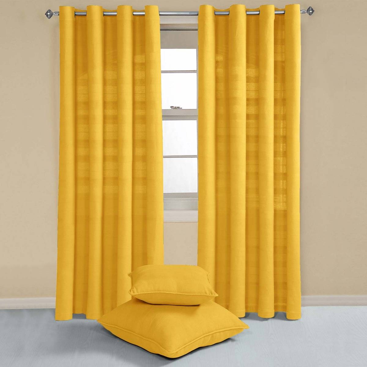 Homescapes Yellow Cotton Rajput Ribbed Curtains - 167cm x 228cm - Image 2