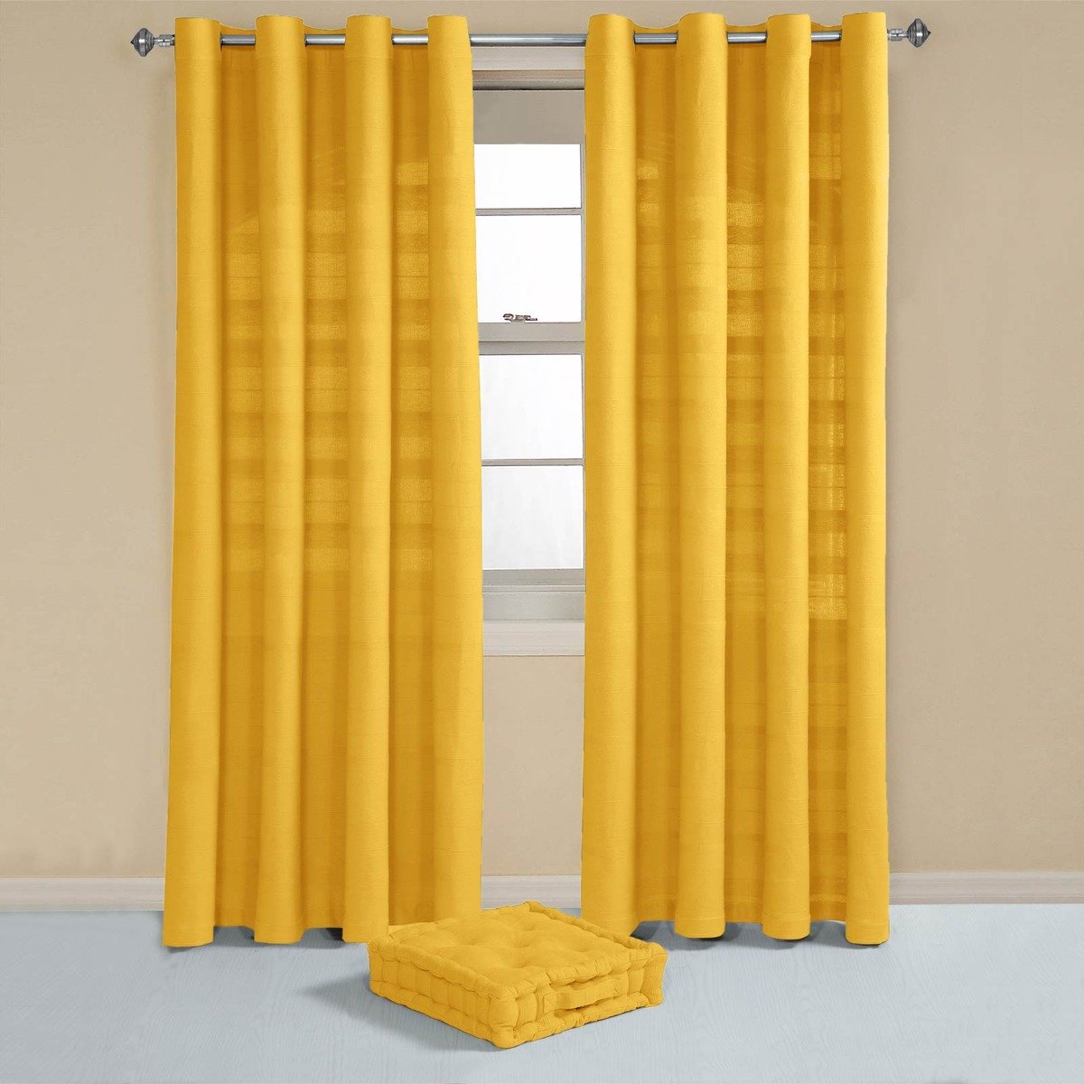 Homescapes Yellow Cotton Rajput Ribbed Curtains - 167cm x 228cm - Image 3