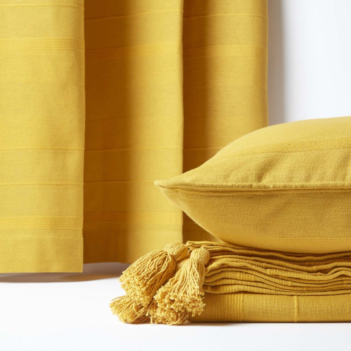 Homescapes Yellow Cotton Rajput Ribbed Curtains - 167cm x 228cm - Image 4