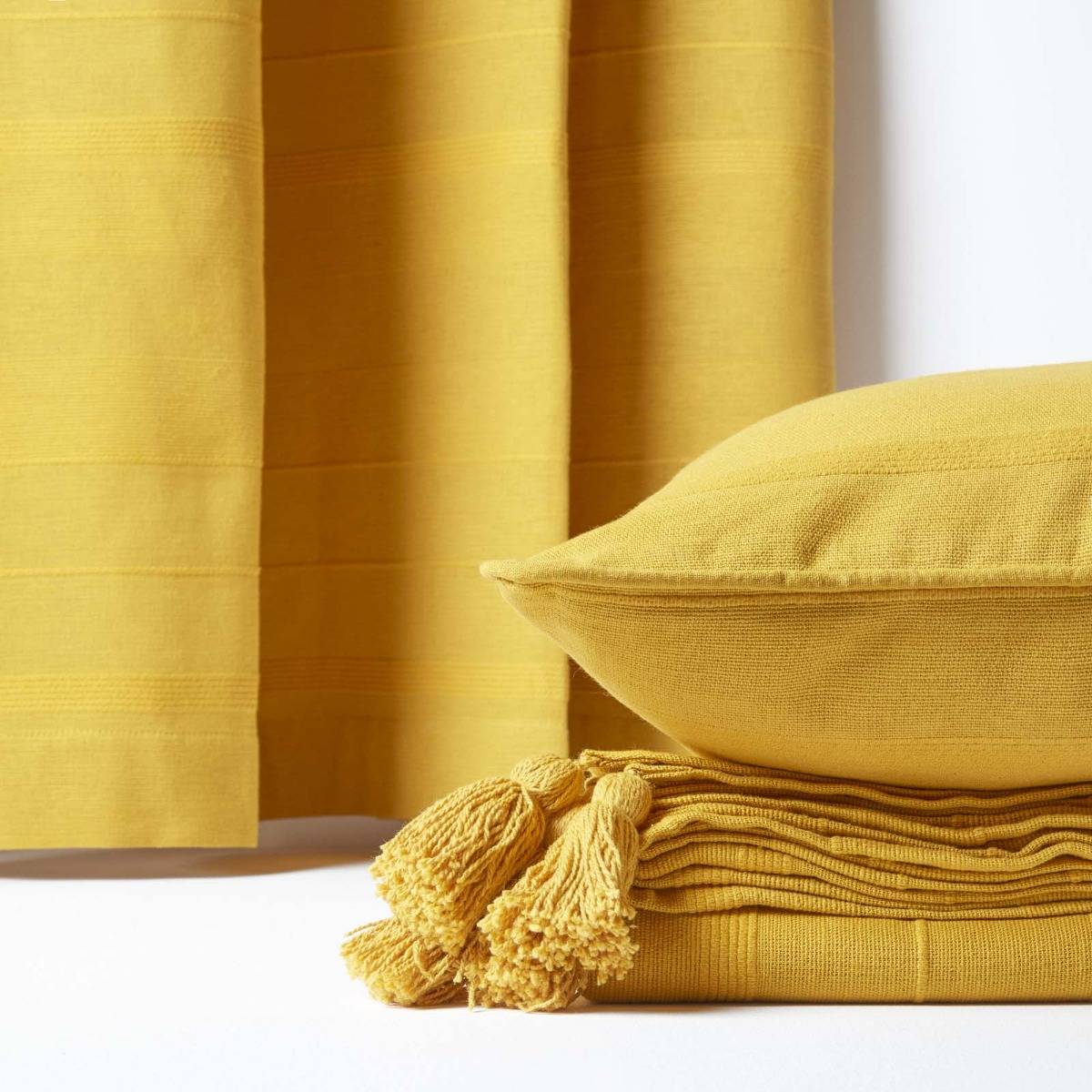 Homescapes Yellow Cotton Rajput Ribbed Curtains - 167cm x 228cm - Image 4