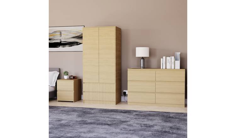 Vida Designs Denver Bedroom Set (Bedside, 6 Drawer Chest, 2x2 Wardrobe) - Pine