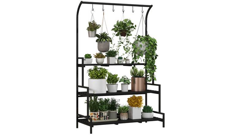 Outsunny 3 Tiered Tall Plant Stand with Hanging Hooks - Black