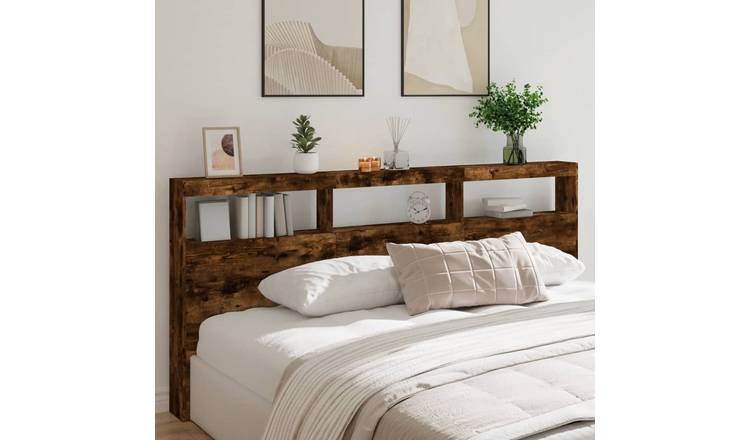 Walplus Engineered Wood LED Headboard Cabinet - Dark Oak - 220 x 17 x 102 cm