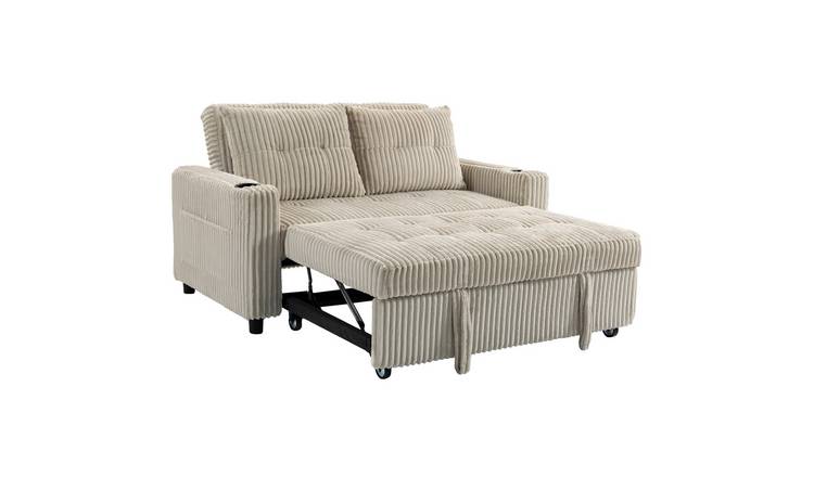 HOMCOM 3 in 1 Corduroy Pull Out Loveseat Bed with 2 Pillows - Cream White