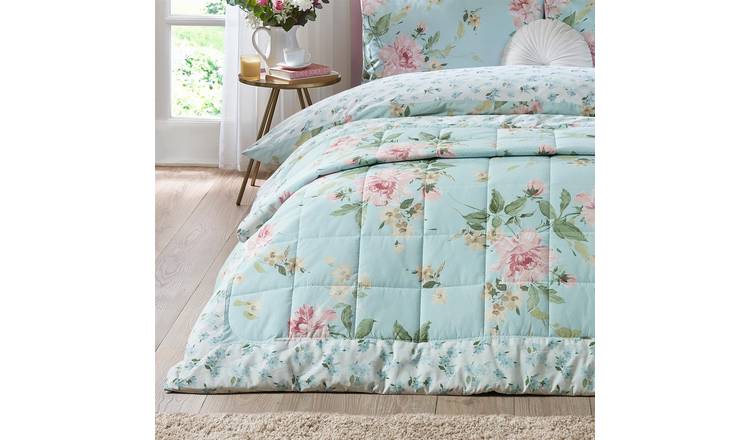 Catherine Lansfield Avebury Floral Bedspread 220 x 230cm - Duck Egg