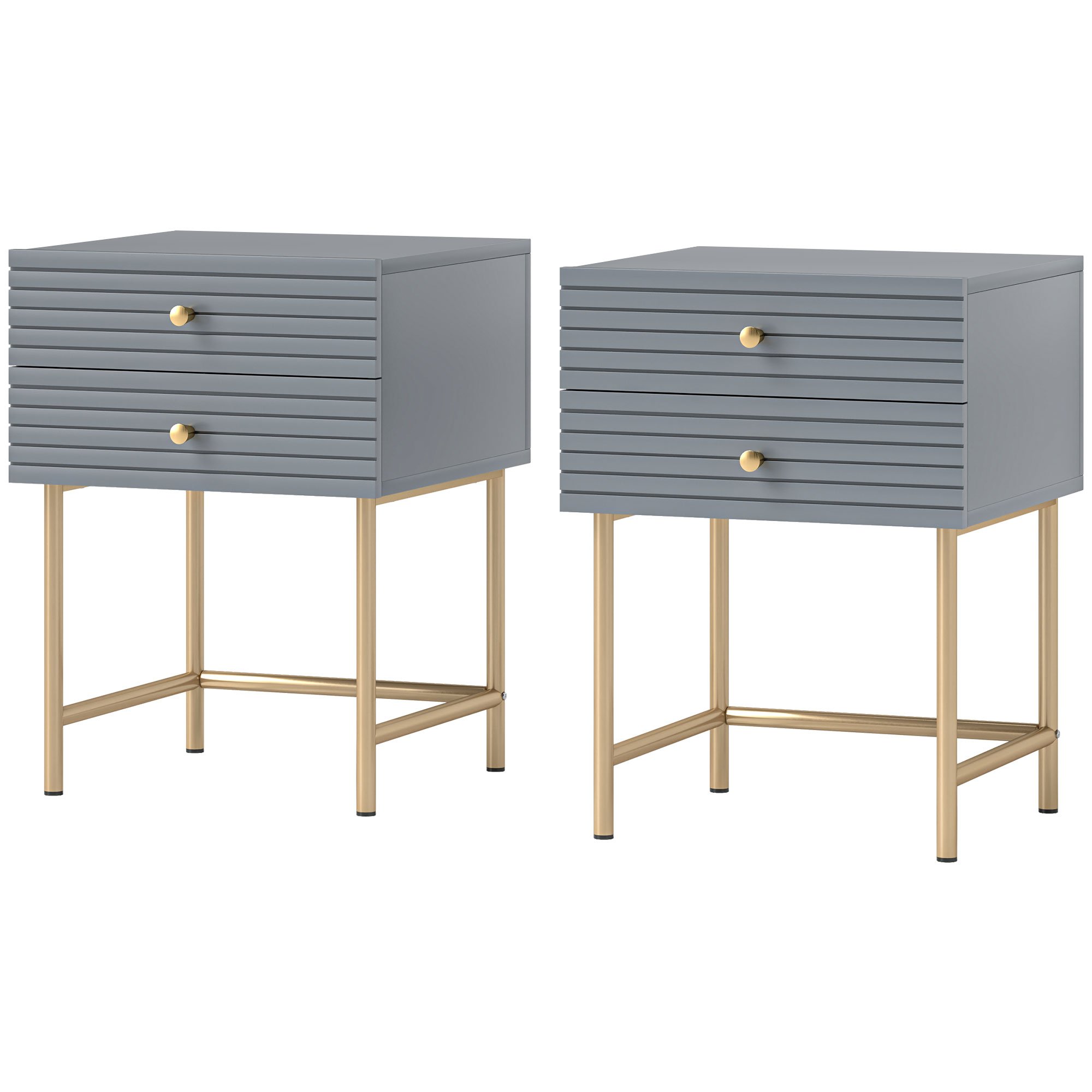 HOMCOM Set of 2 Two Drawers Bedside Tables - Grey - Image 2