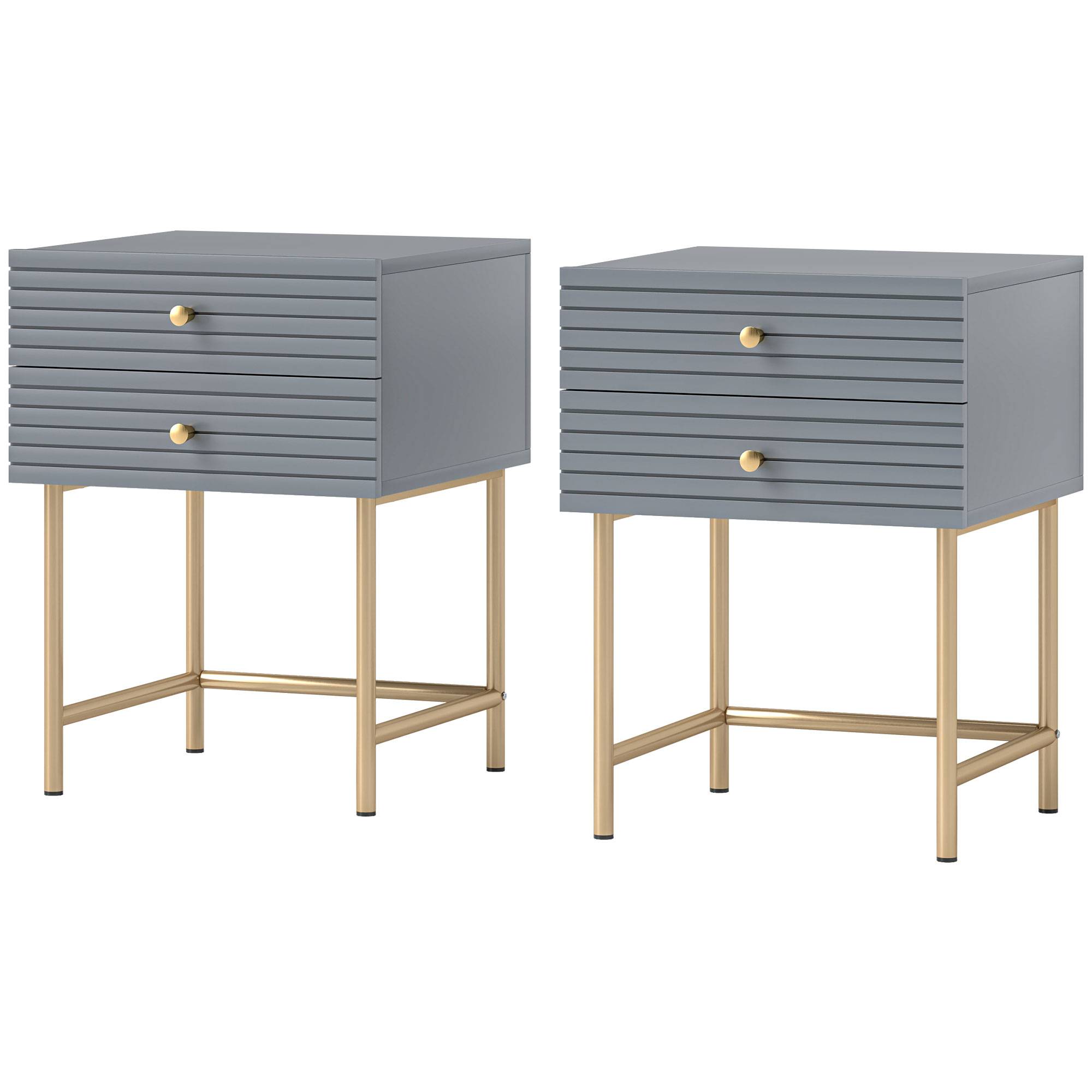 HOMCOM Set of 2 Two Drawers Bedside Tables - Grey - Image 2