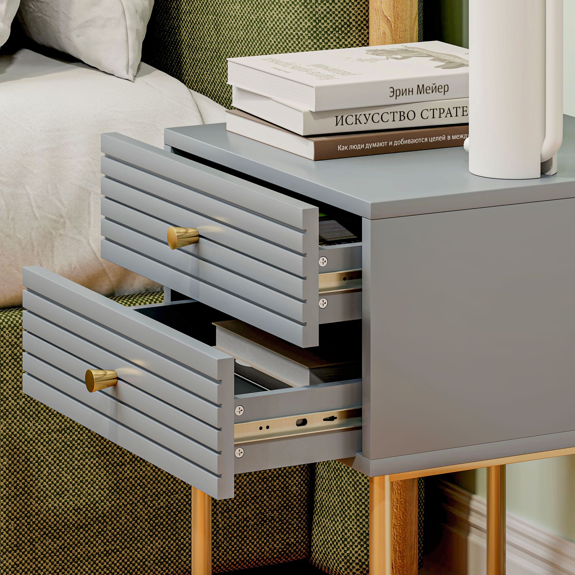 HOMCOM Set of 2 Two Drawers Bedside Tables - Grey - Image 6