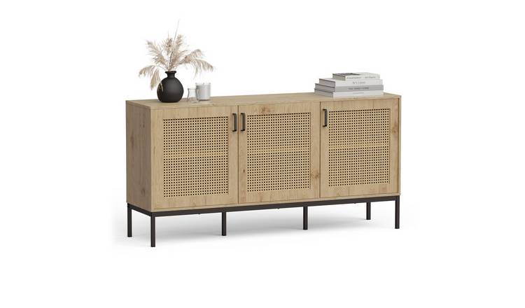 Vonhaus Lena 3 Door Rattan Design Sideboard - Light Wood