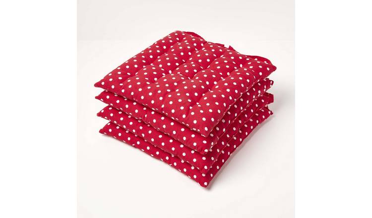 Homescapes Pack of 4 Red Polka Dot Seat Pad with Button Straps 100% Cotton