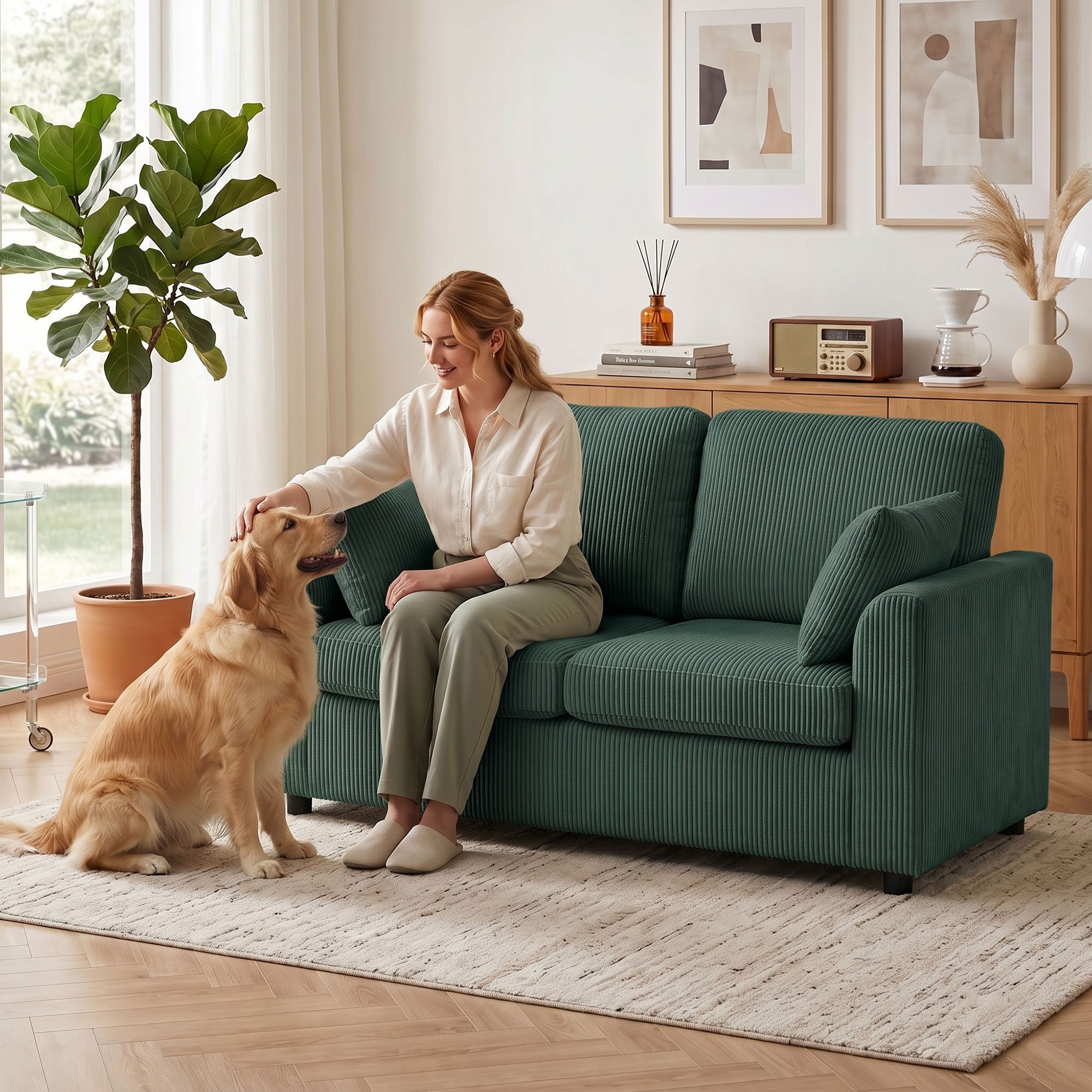 HOMCOM 2 Seater Corduroy Small Sofa - Dark Green - Image 6