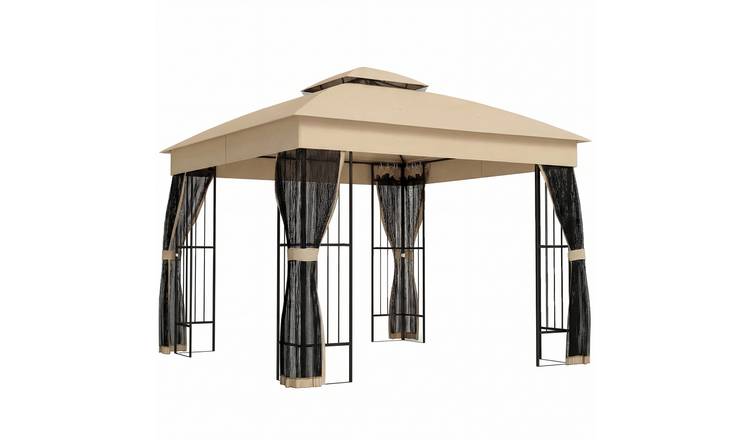 Outsunny Double Roof Mosquito Net Metal Frame Gazebo – Brown
