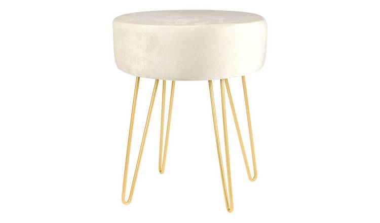 Harbour Housewares Round Velvet Footstool - H40 x D35cm - Cream/Gold