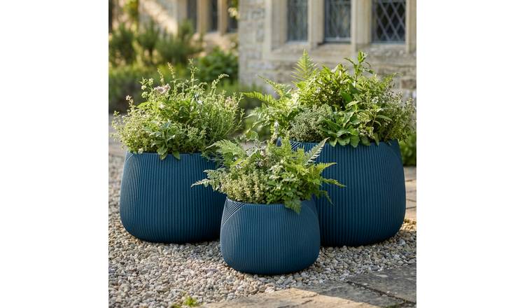 Dibor Set of 3 Fibre Clay Outdoor Garden Planter – Blue