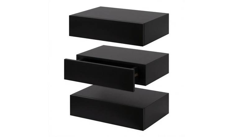 Harbour Housewares Wooden Floating Shelves with Drawer Pack of 3 - Black