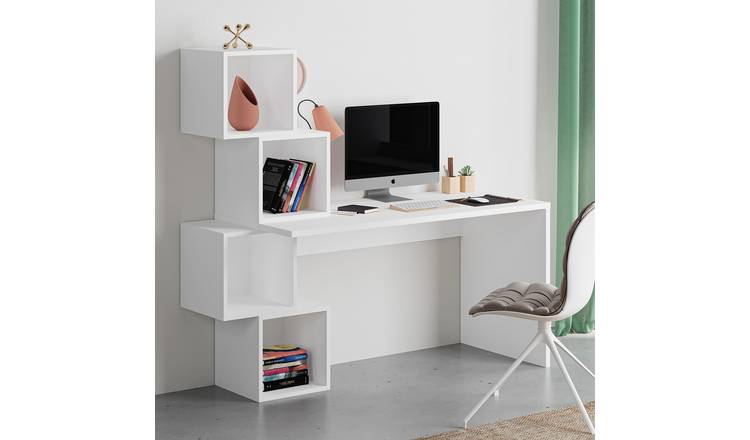 Decortie Balance Particleboard Desk with Integrated Bookshelf - White