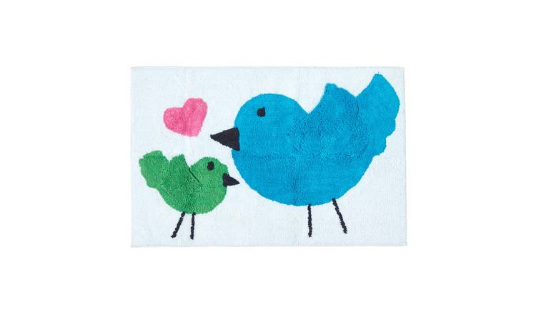Homescapes Cotton Tufted  Blue Green Birds Pink Heart Kids Rug