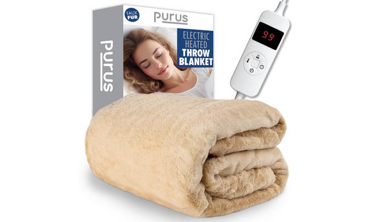 Purus Heated Throw Electric Over Blanket Faux Fur Soft Fleece Blanket - Cream