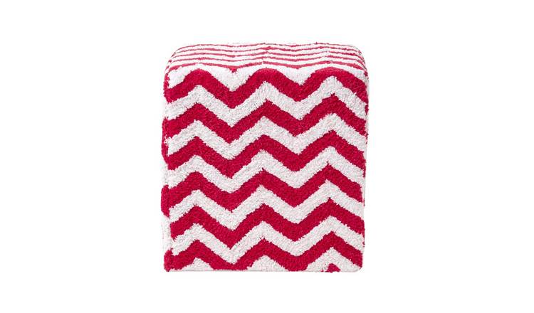 Homescapes Chevron Cube Pouffe Tufted Cotton - Red & White - 36 x 36 x 38 cm
