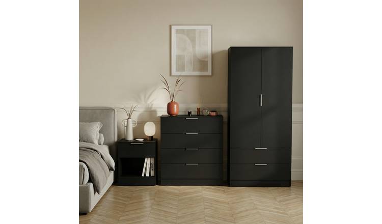 Vida Designs Trega Bedroom Set (Bedside, 4 Drawer Chest, 2x2 Wardrobe) - Black