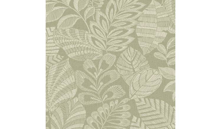Grandeco Madou Stitched Leaves Blown Vinyl Wallpaper -  Green