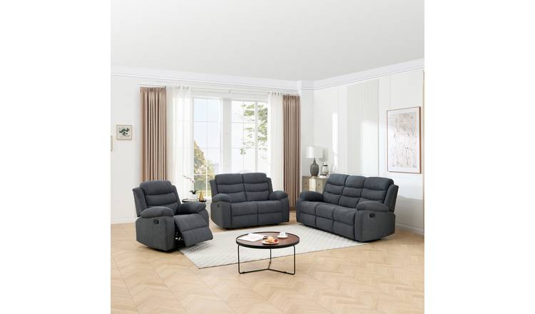 Furniture Online Boston Manual Recliner Fabric 1+2+3 Seater Sofa Set - Grey