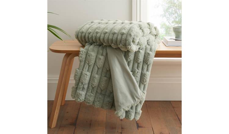 Bianca Carved Faux Fur Blanket Throw 150 x 200cm - Sage Green