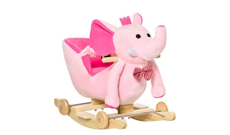 HOMCOM 2 in 1 Plush Elephant Wheels Wooden Toddler Rocking Horse - Pink