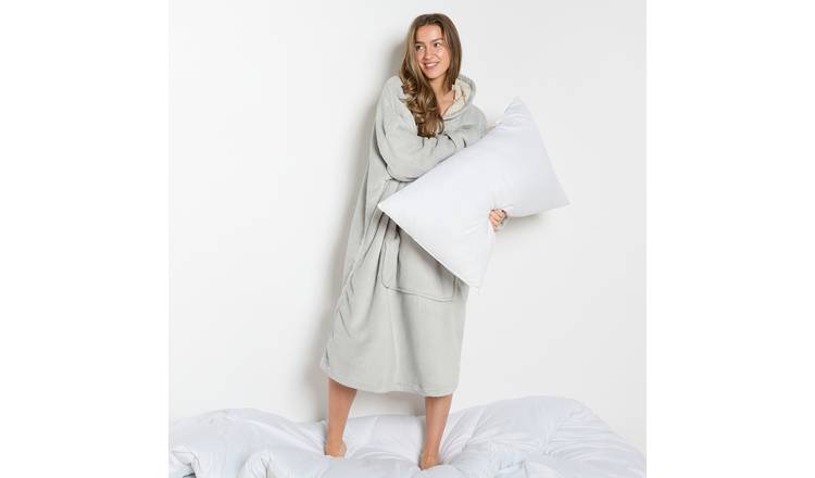 OHS Extra Long Coral Fleece Hoodie Blanket - One Size - Silver