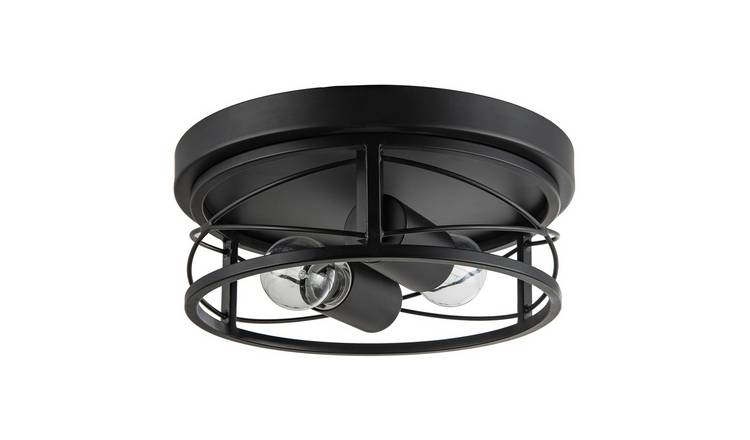 Happy Homewares Industrial Vintage Black Round Flush Ceiling Light - 26cm