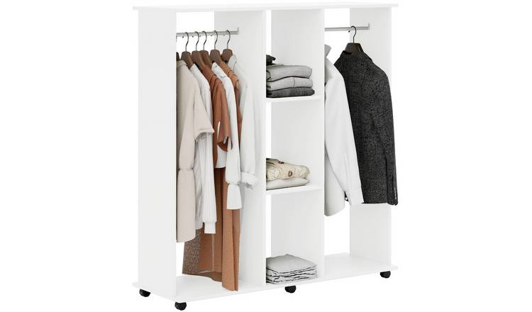 HOMCOM Double Open Wardrobe on Wheels with Clothes Hanging Rail - White