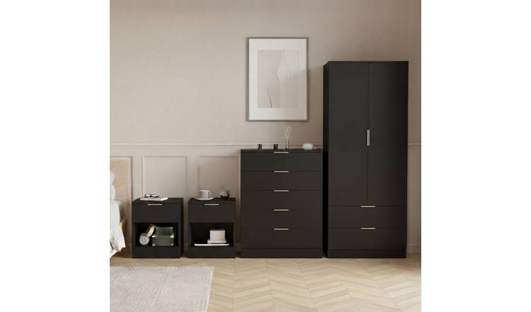Vida Designs Trega Bedroom Set (Bedsides, 5 Drawer Chest, 2x2 Wardrobe) - Black