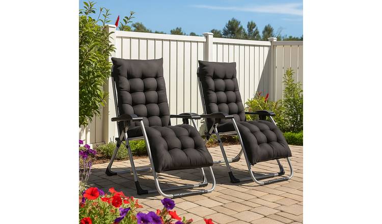 Neo Set of 2 Zero Gravity Reclining Sun Lounger Chairs with Cushions - Black