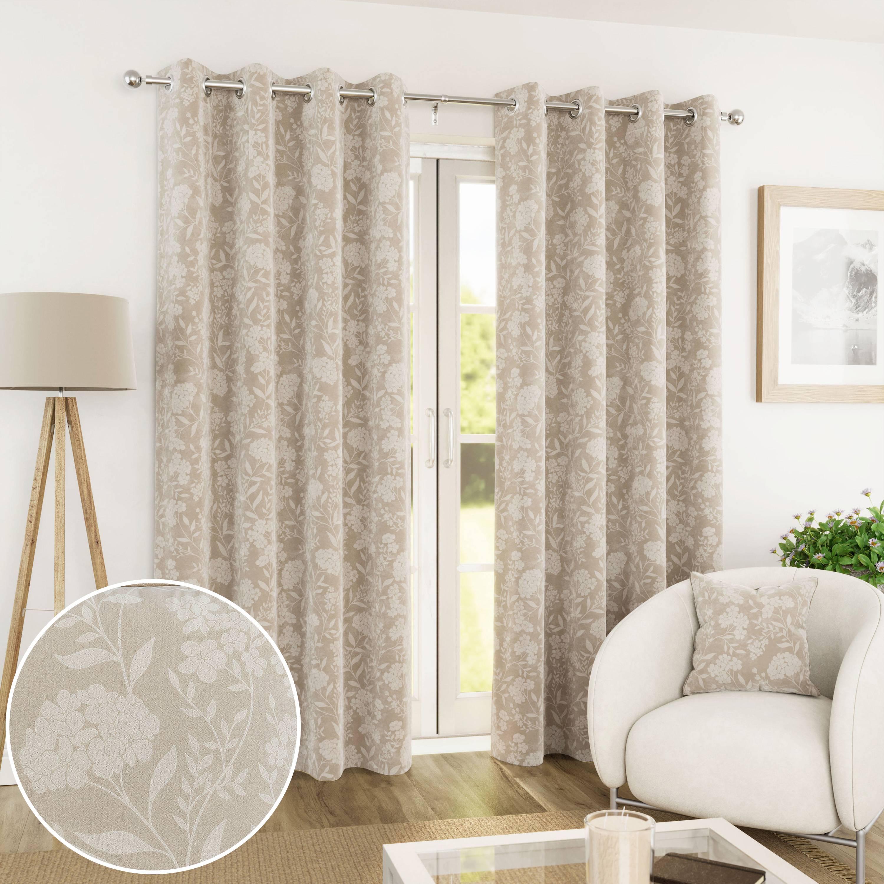 Enhanced Living Cuba Floral Blackout Eyelet Curtains - 117 x 183cm - Cream - Image 1