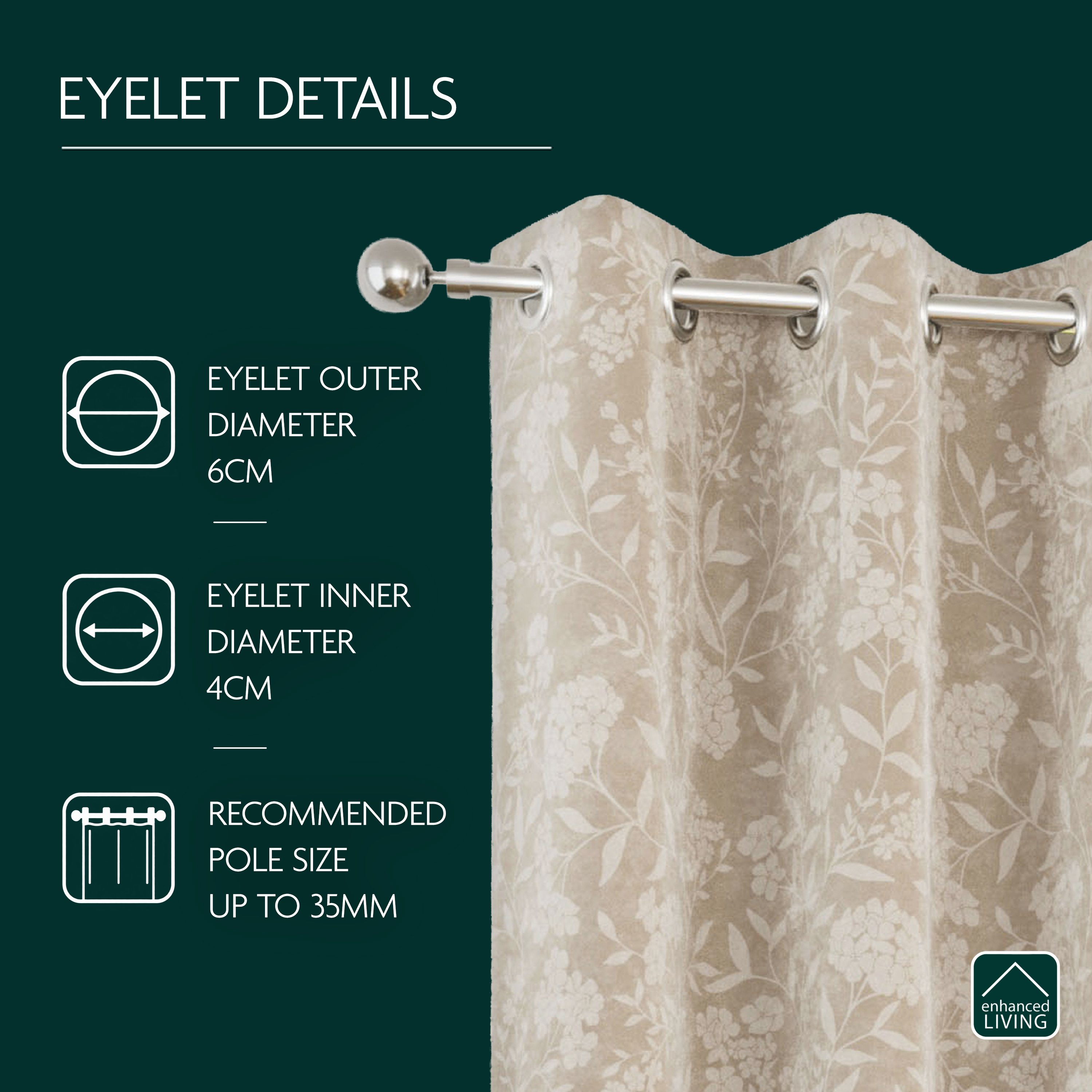 Enhanced Living Cuba Floral Blackout Eyelet Curtains - 117 x 183cm - Cream - Image 3