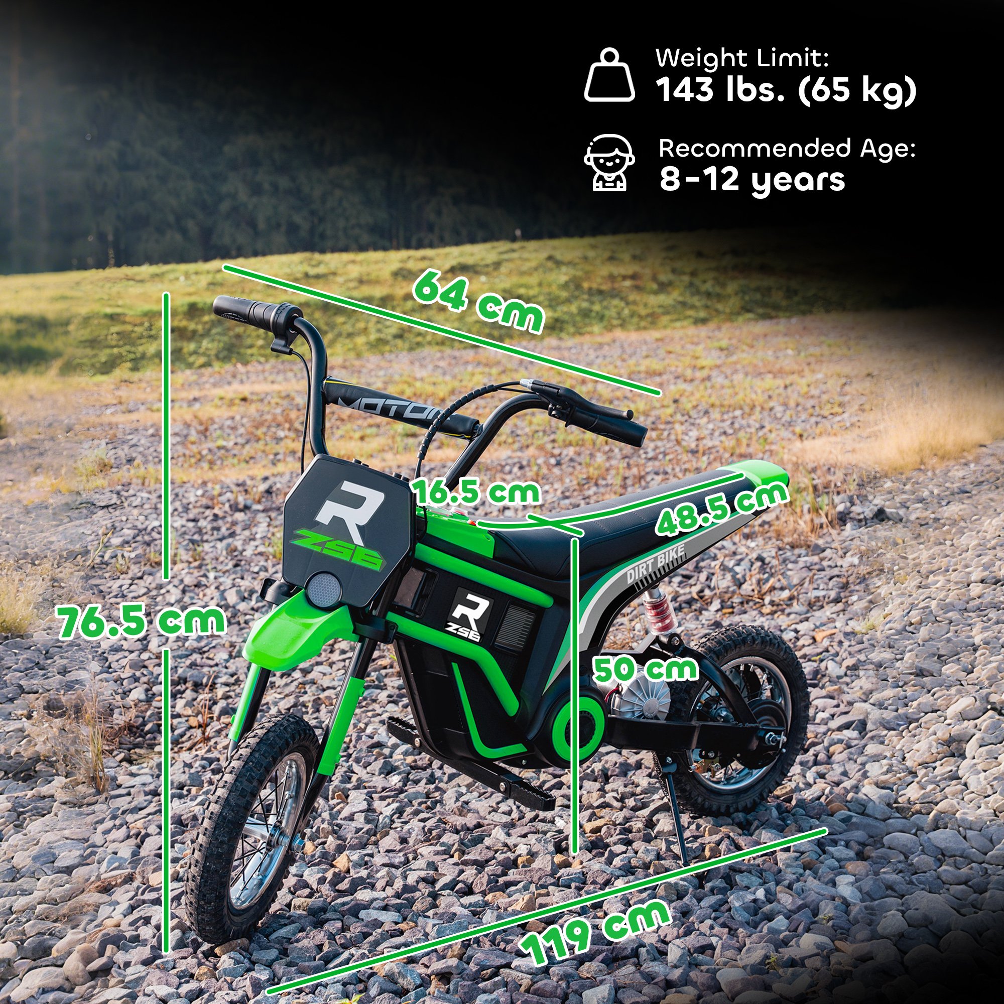 HOMCOM 24V 350W Ages 8 to 12 Years Pneumatic Tyres Ride on Motorbike - Green - Image 3