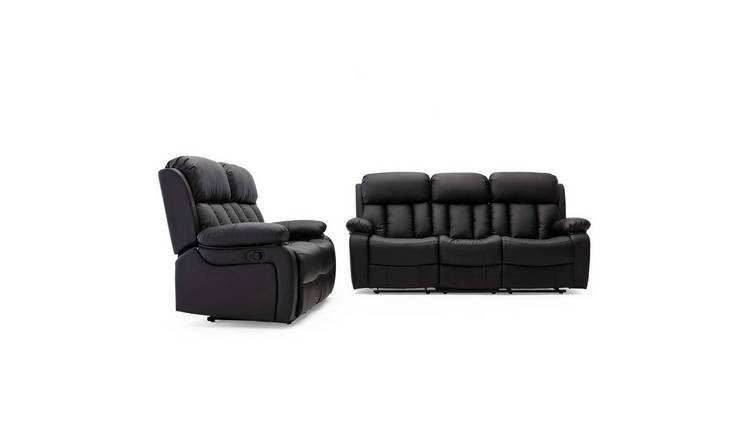 Furniture Online Chester Manual Recliner Leather 2+3 Seater Sofa Set - Black