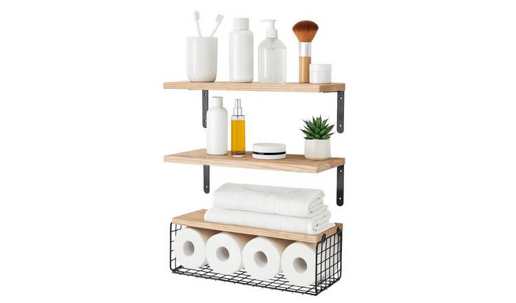 Harbour Housewares Rustic Wooden Bathroom Shelves with Wire Storage Basket