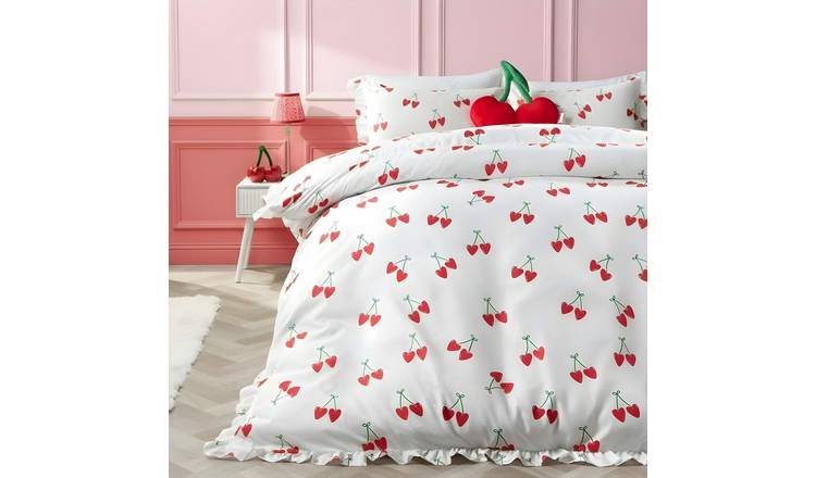 OHS Cherry Frill Edge Duvet Cover Set Microfibre Bedding White - Single
